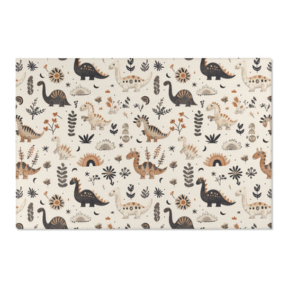 Low pile nursery rug with earth-toned dinosaurs on cream