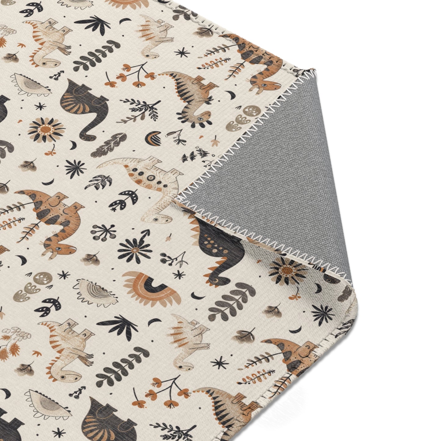 Nursery area rug printed edge to edge with dinosaurs