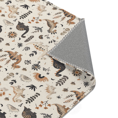 Nursery area rug printed edge to edge with dinosaurs