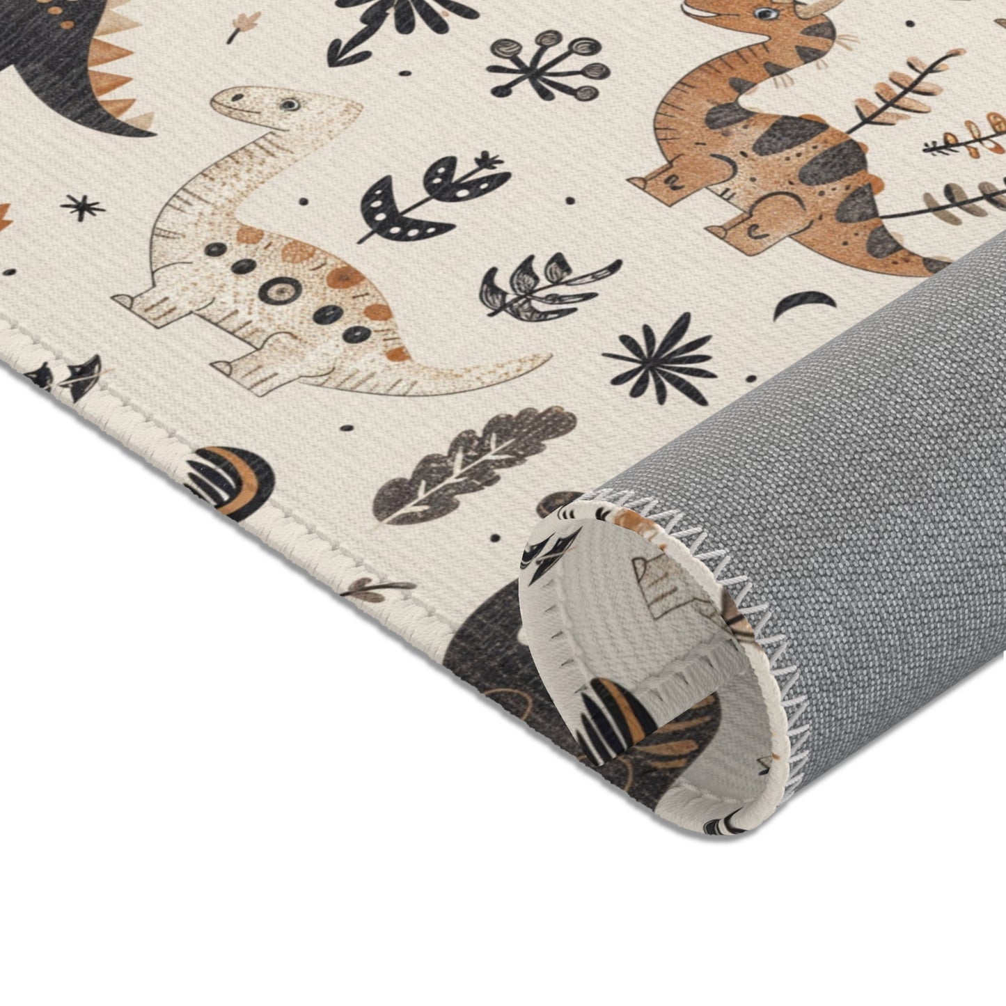 Dinosaurs, ferns and daisies printed across the nursery area rug