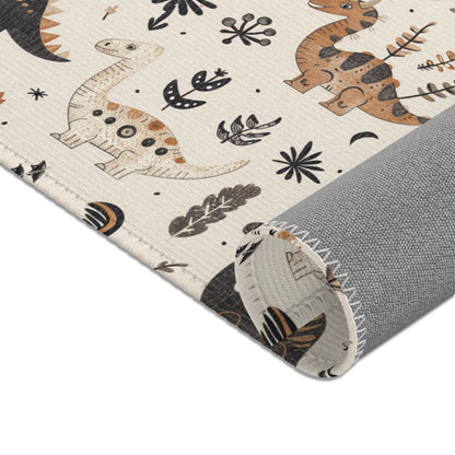 Dinosaurs, ferns and daisies printed across the nursery area rug