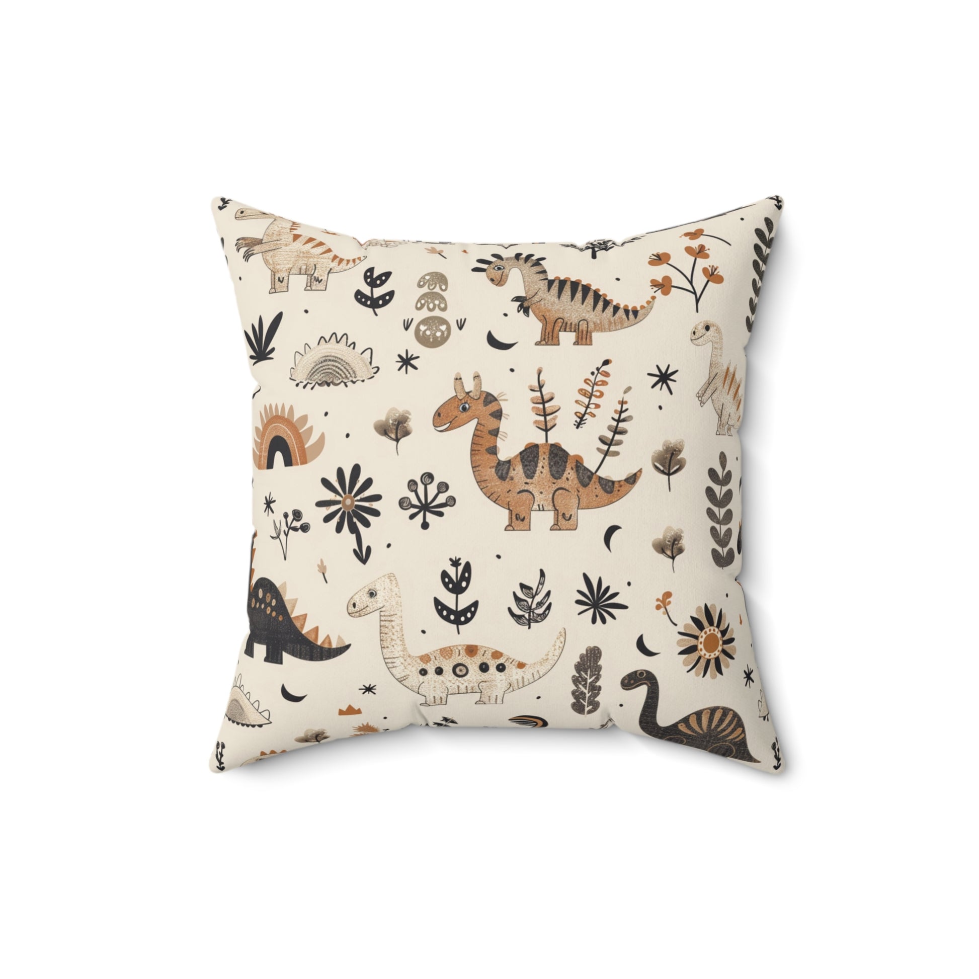 Faux suede nursery pillow with charcoal and ochre dinosaurs