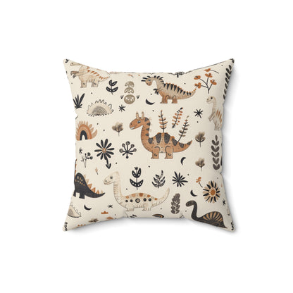 Faux suede nursery pillow with charcoal and ochre dinosaurs