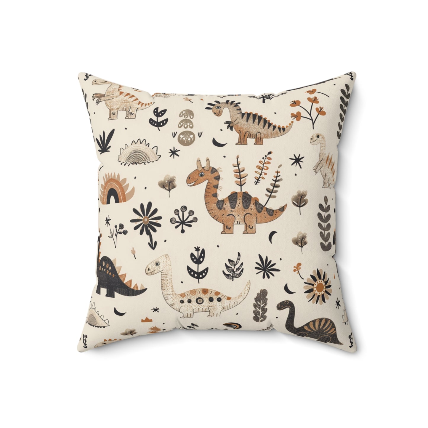 Close detail of the dinosaur and fern print on the faux suede pillow