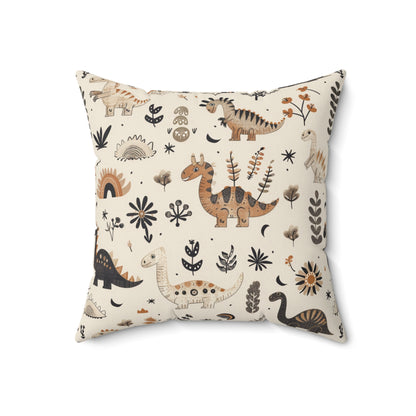 Close detail of the dinosaur and fern print on the faux suede pillow