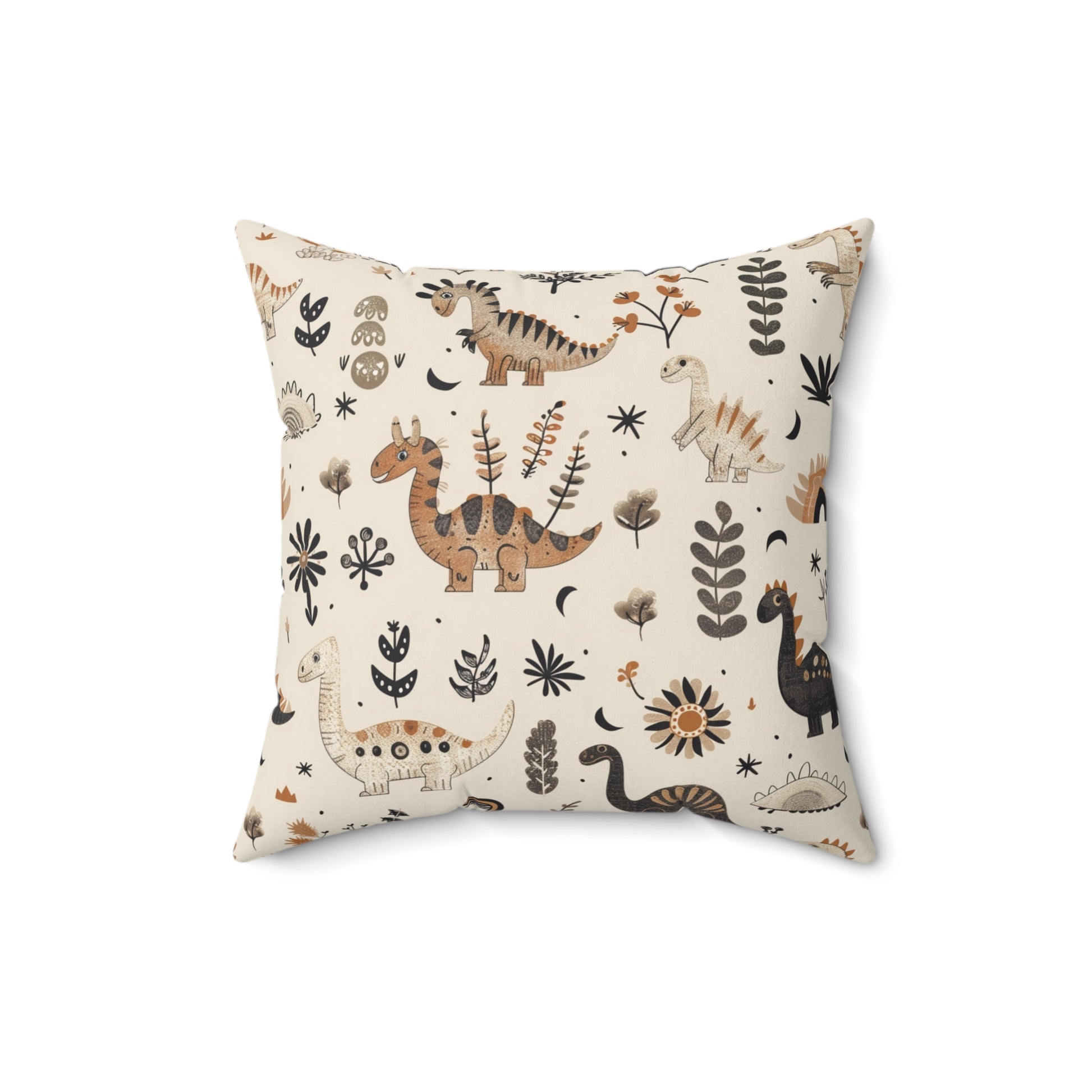 Nursery pillow in charcoal and tan, Meadow Dinosaurs print