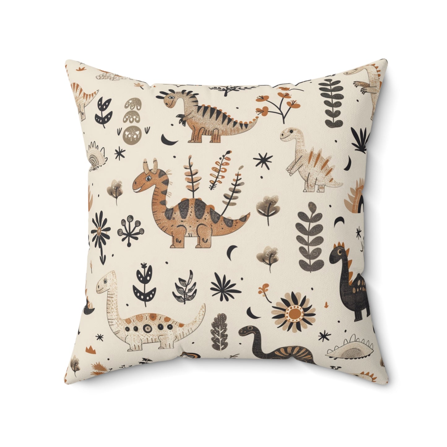 Faux suede pillow with dinosaurs, ferns and daisies on cream