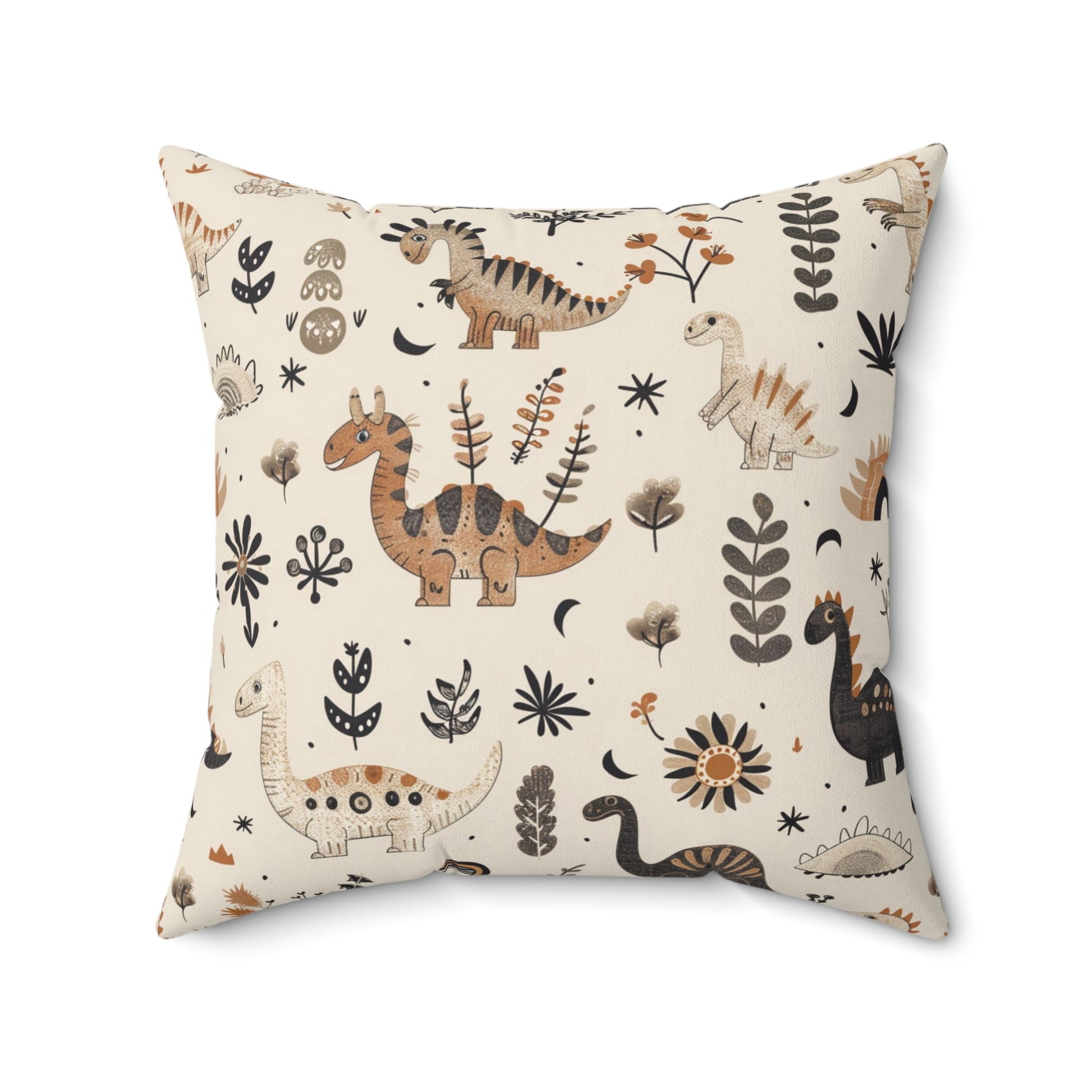 Faux suede pillow with dinosaurs, ferns and daisies on cream