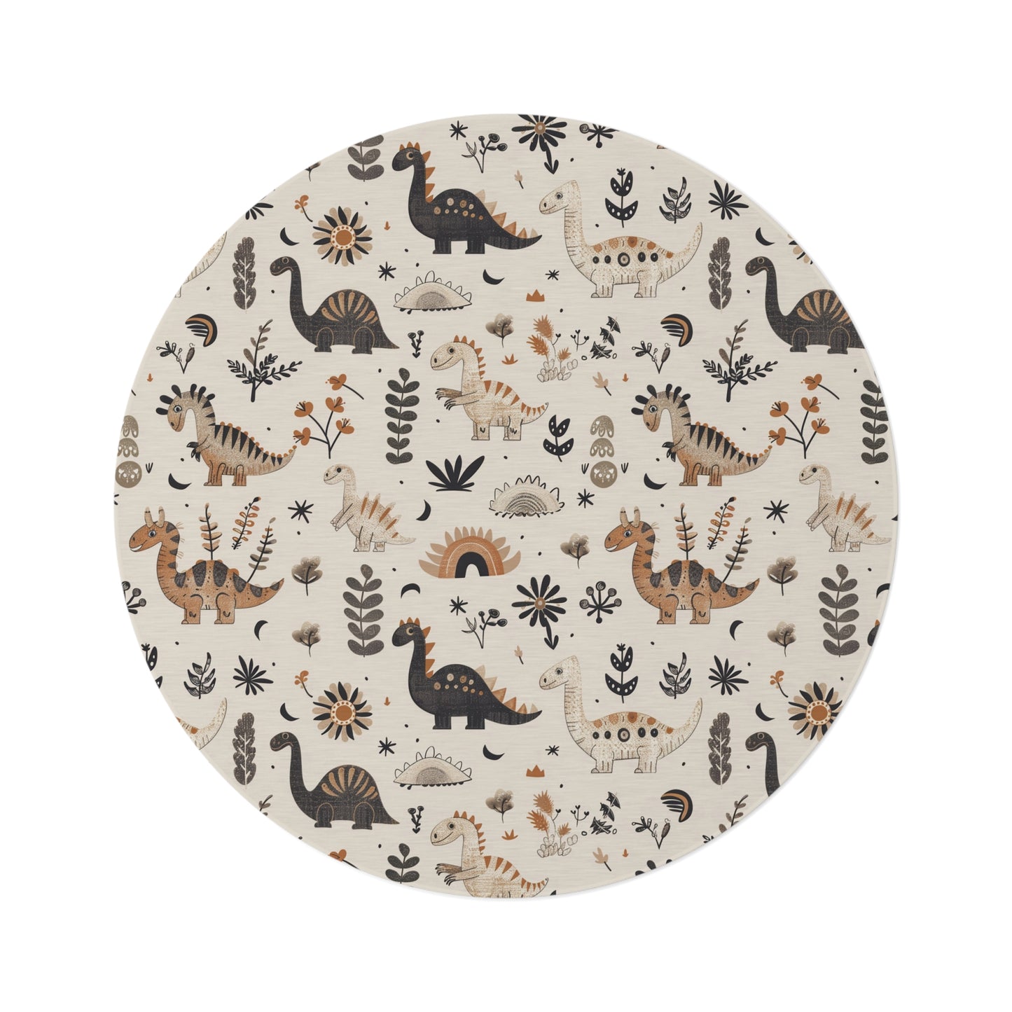Meadow Dinosaurs round nursery rug on a baby room floor