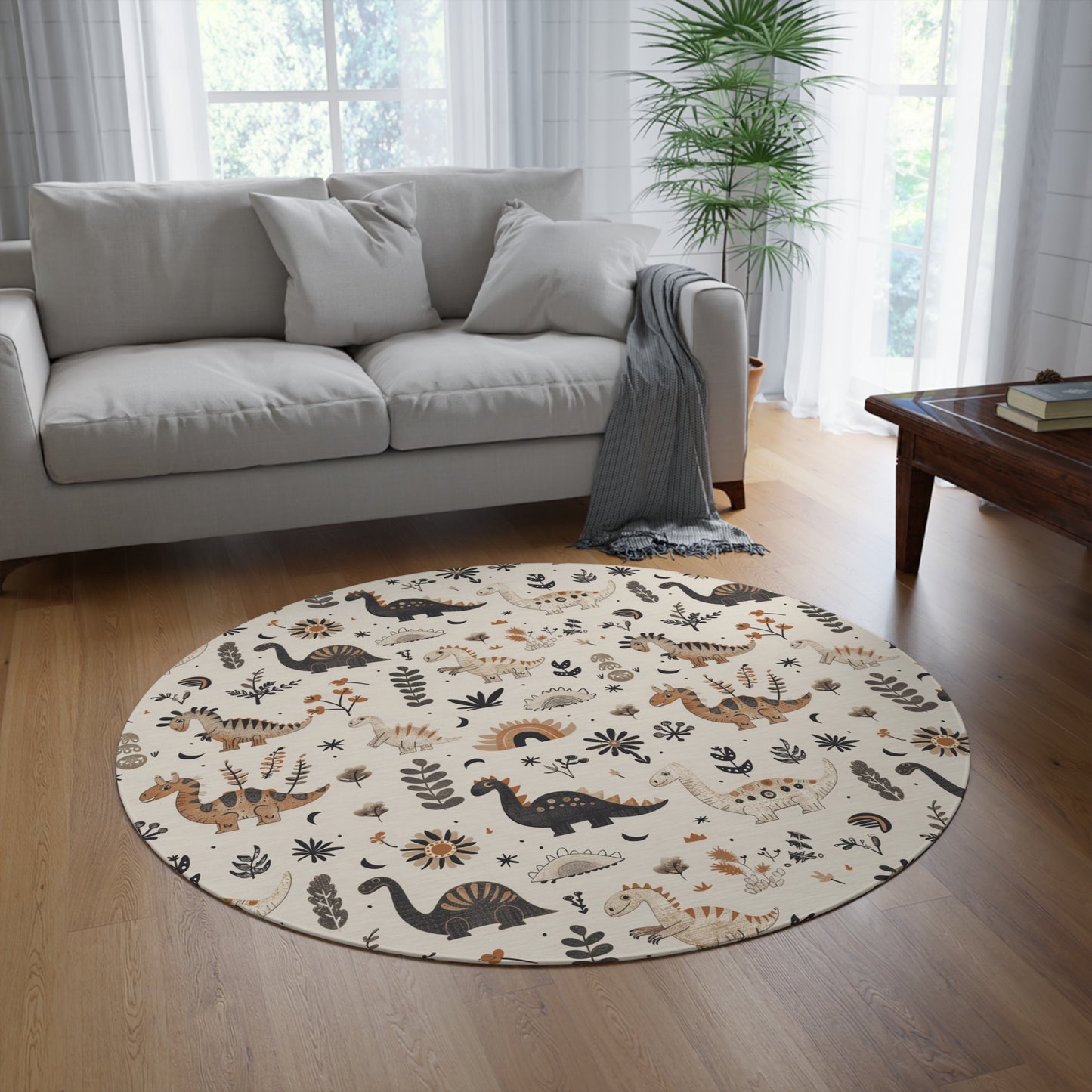 Meadow Dinosaurs round rug, 60 inches across, in charcoal and tan