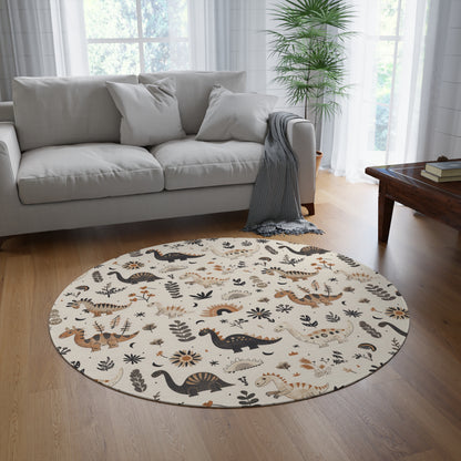 Meadow Dinosaurs round rug, 60 inches across, in charcoal and tan