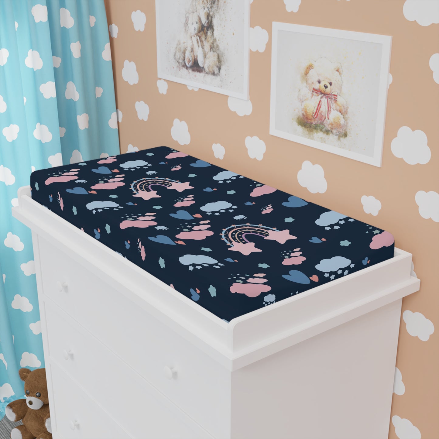Midnight Rainbow changing pad cover fitted over a contoured pad