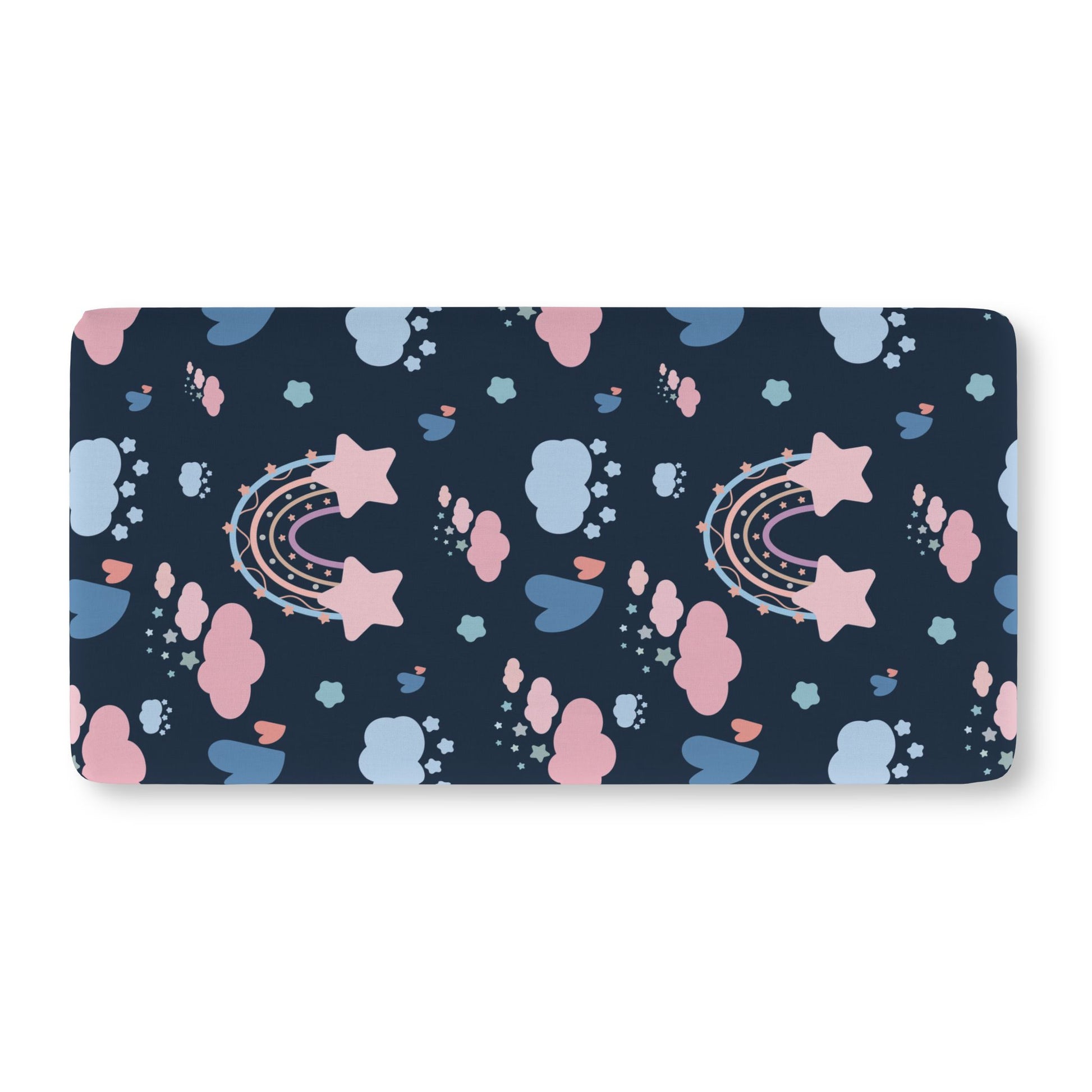 Fitted crib sheet with pastel rainbows and stars on deep navy