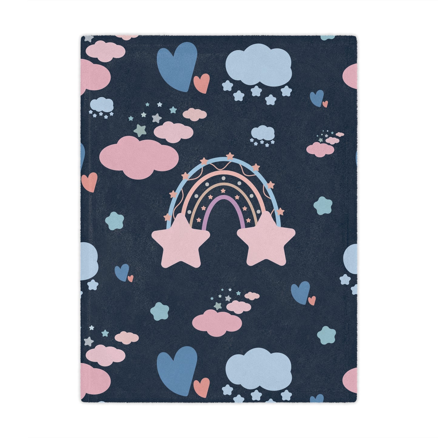 Minky baby blanket in navy and pink, Midnight Rainbow print
