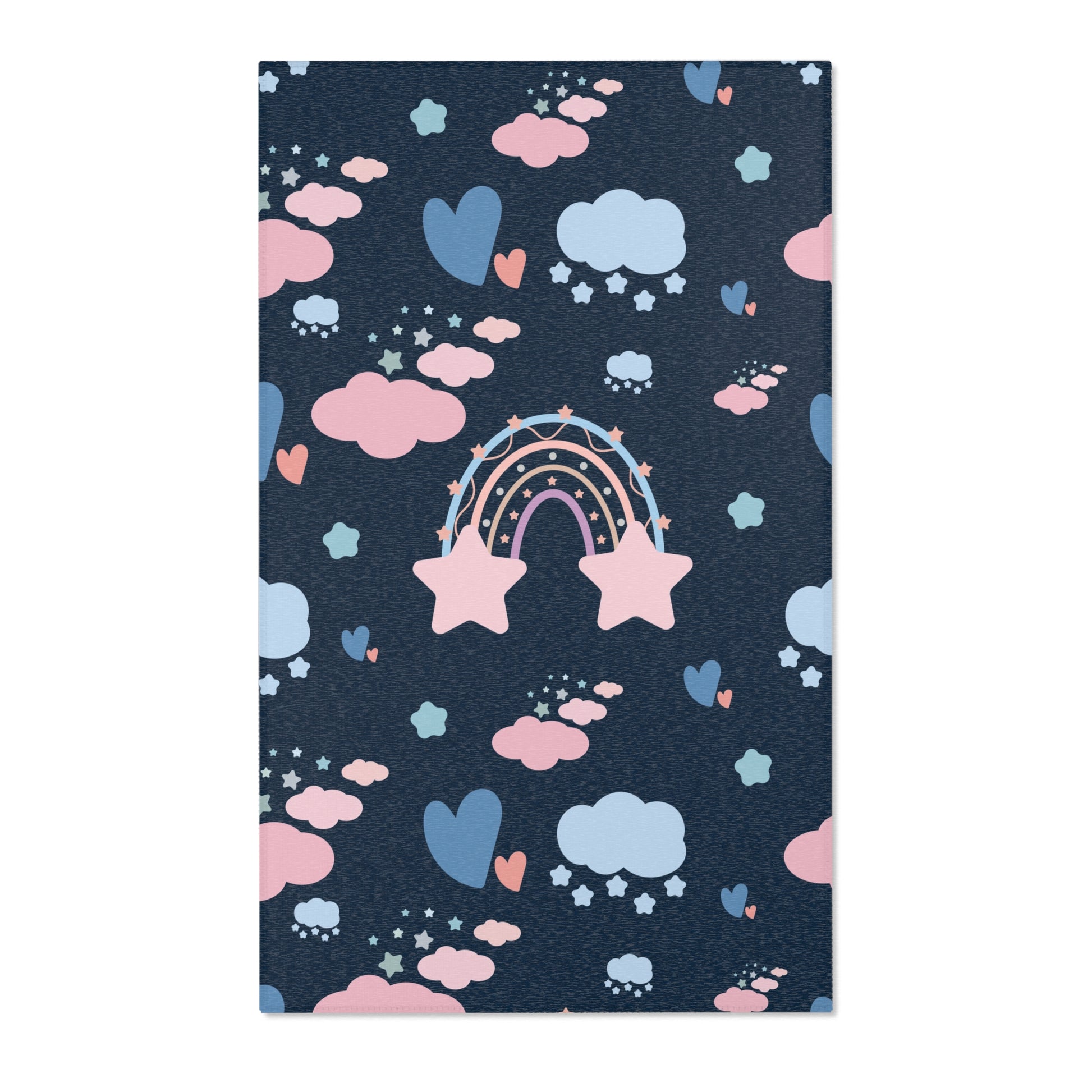 Navy rainbow nursery area rug with pastel arches