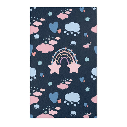 Navy rainbow nursery area rug with pastel arches