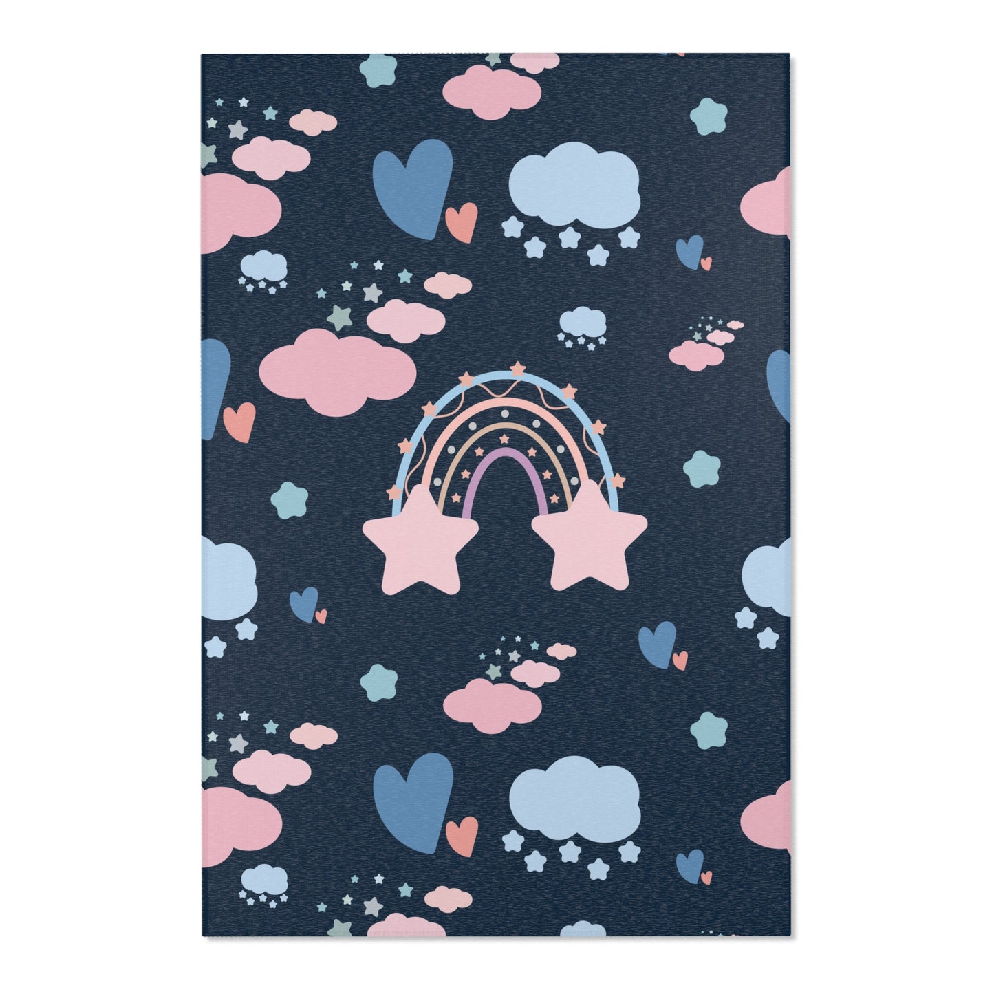 Close detail of the rainbows and stars on the area rug