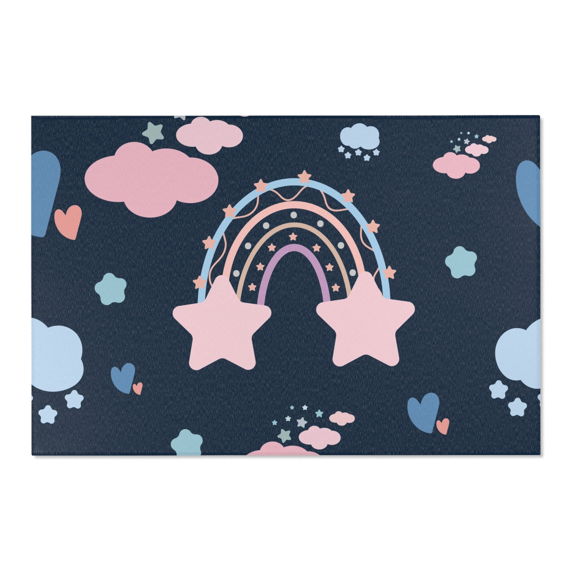 Low pile nursery rug with pastel rainbows on deep navy