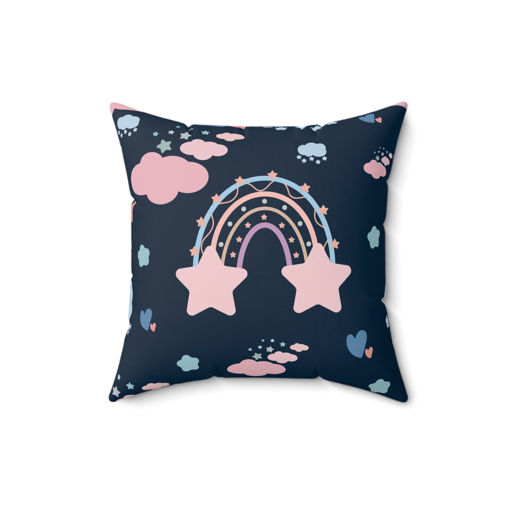 Faux suede nursery pillow with a pastel rainbow on navy