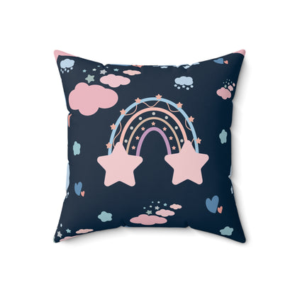 Close detail of the rainbow and stars on the faux suede pillow