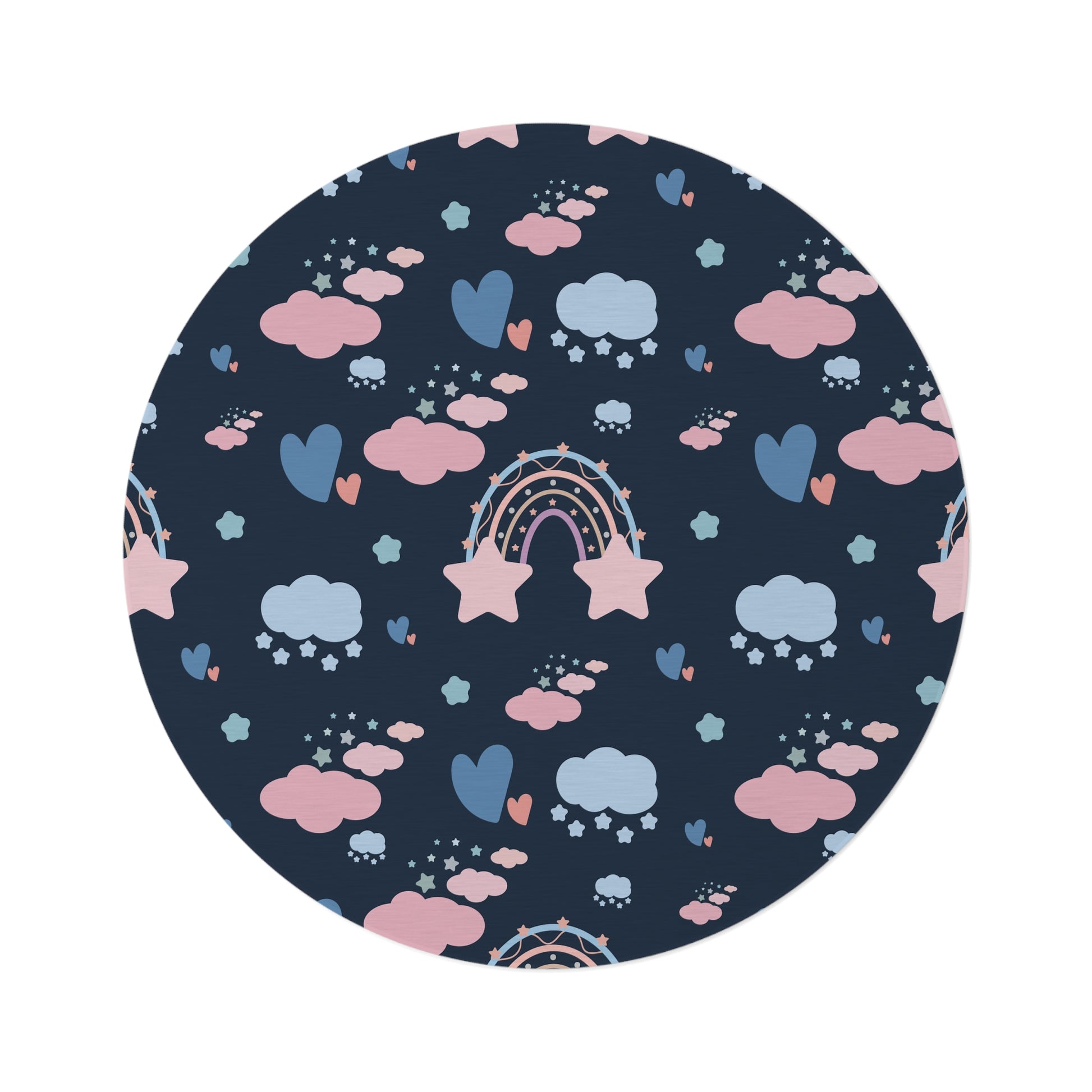 Midnight Rainbow round nursery rug on a baby room floor