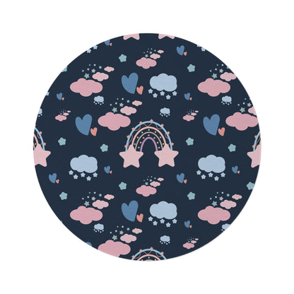 Midnight Rainbow round nursery rug on a baby room floor