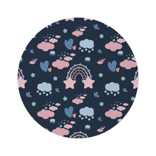 Midnight Rainbow round nursery rug on a baby room floor