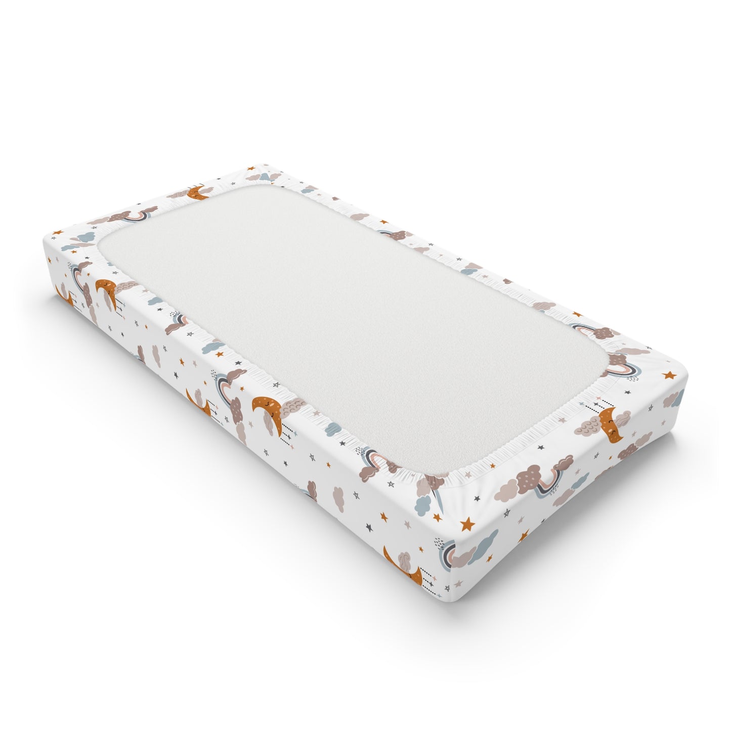 Changing pad cover with ochre moons and grey clouds on white