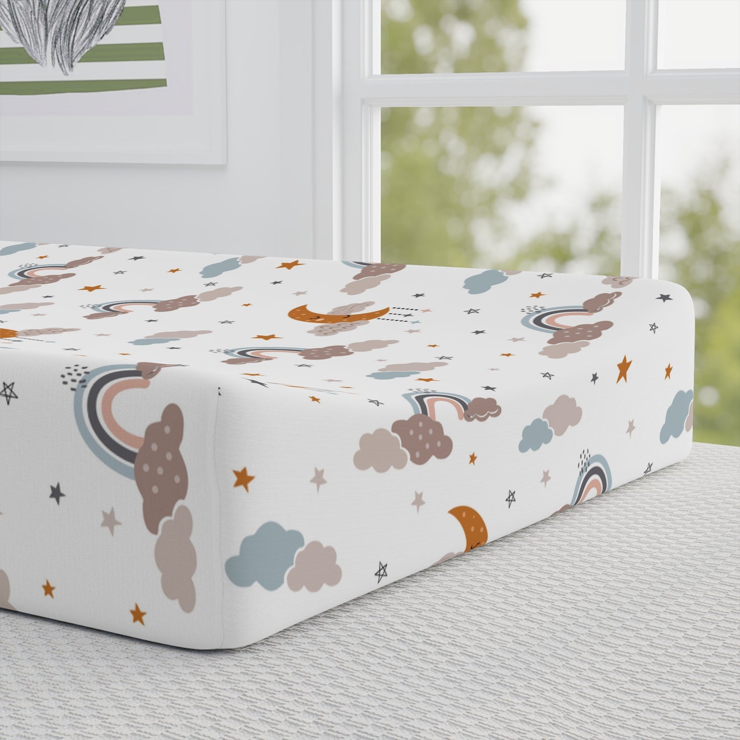 Close detail of the Moonlit Dreams print on the changing pad cover