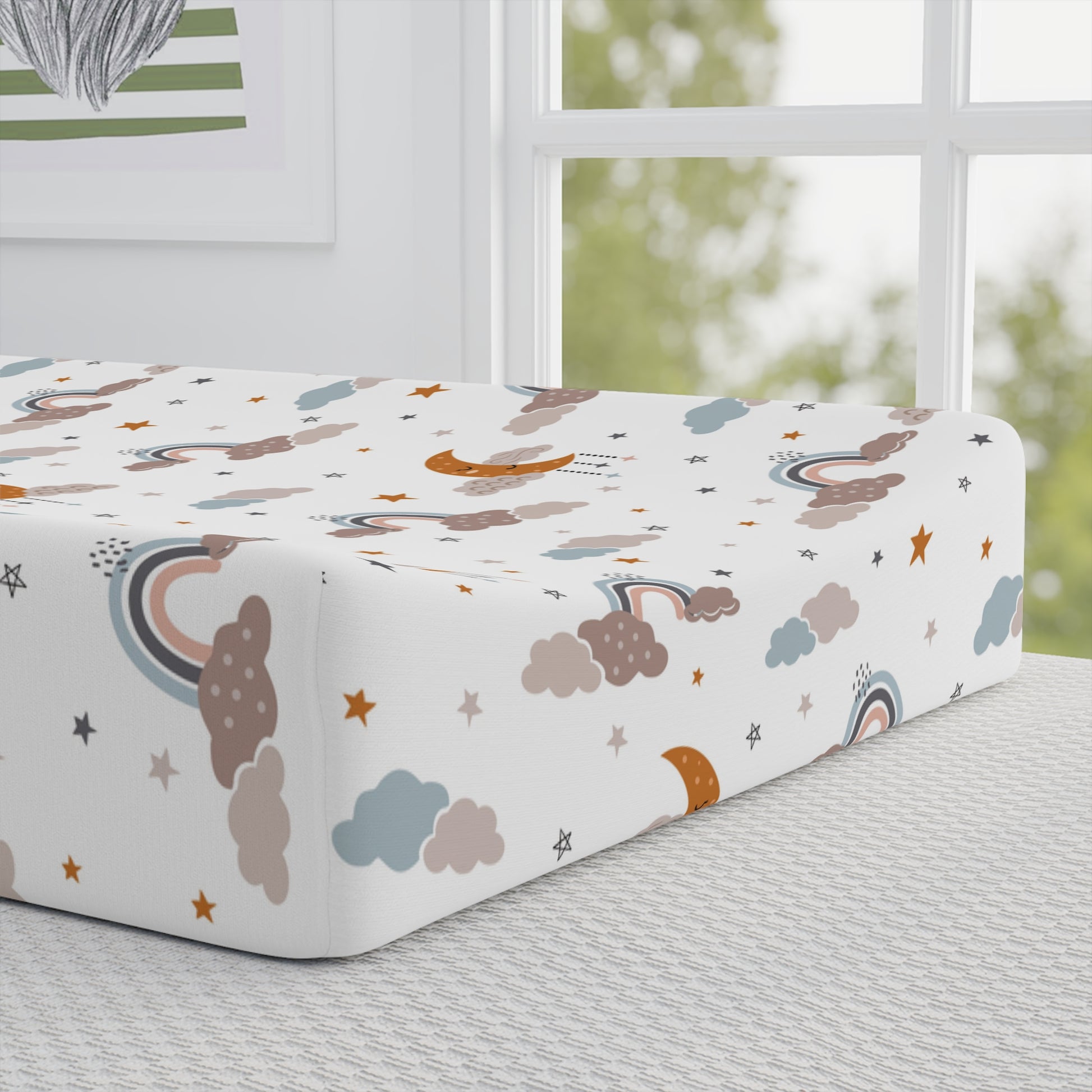 Close detail of the Moonlit Dreams print on the changing pad cover