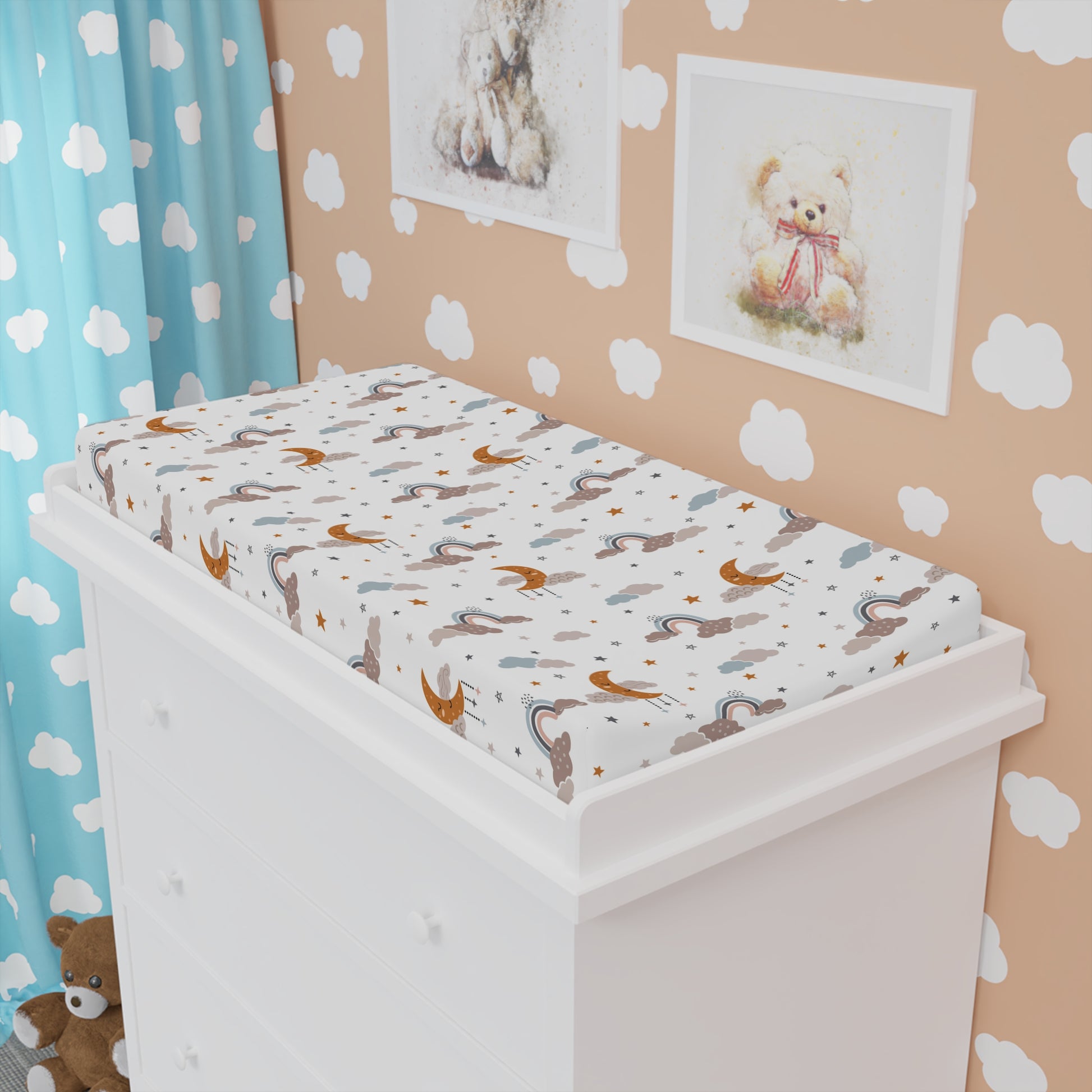 Moonlit Dreams changing pad cover fitted over a contoured pad