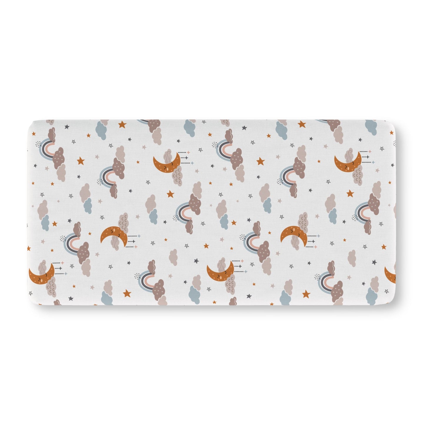 Fitted crib sheet with sleeping moons, clouds and stars on white