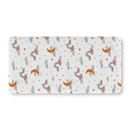 Fitted crib sheet with sleeping moons, clouds and stars on white