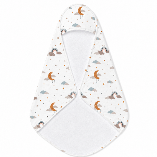 Moonlit Dreams hooded baby towel wrapped around a baby