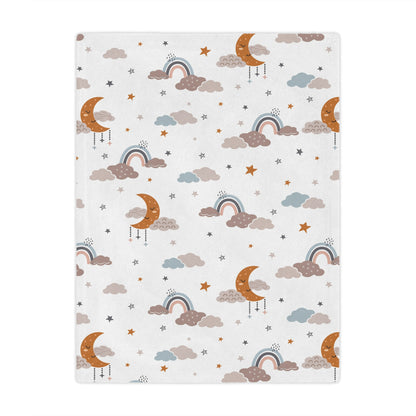 Minky baby blanket in ochre, grey and blue, Moonlit Dreams print