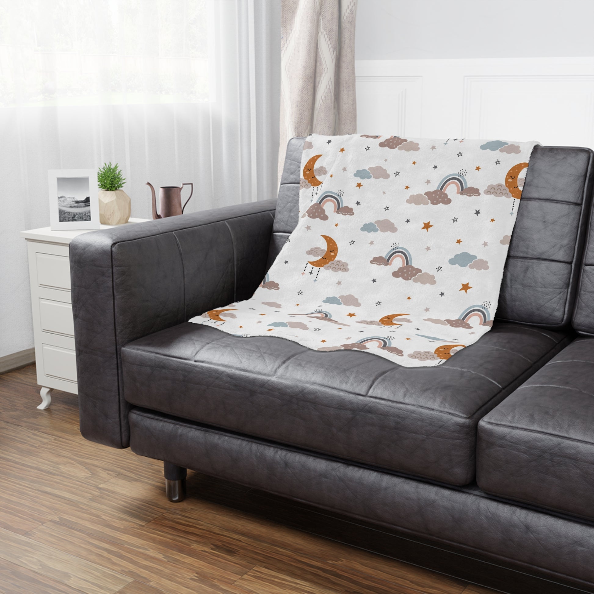 Moonlit Dreams minky blanket showing the soft raised reverse