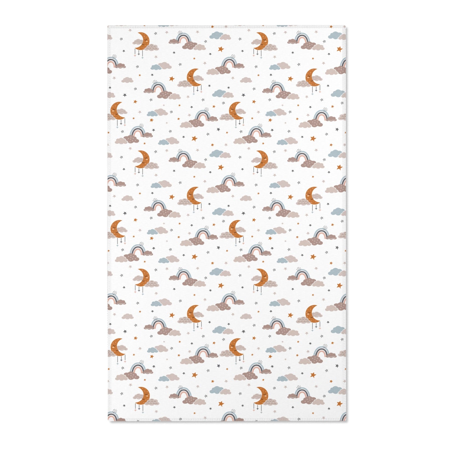Moon and stars nursery area rug in ochre, grey and blue