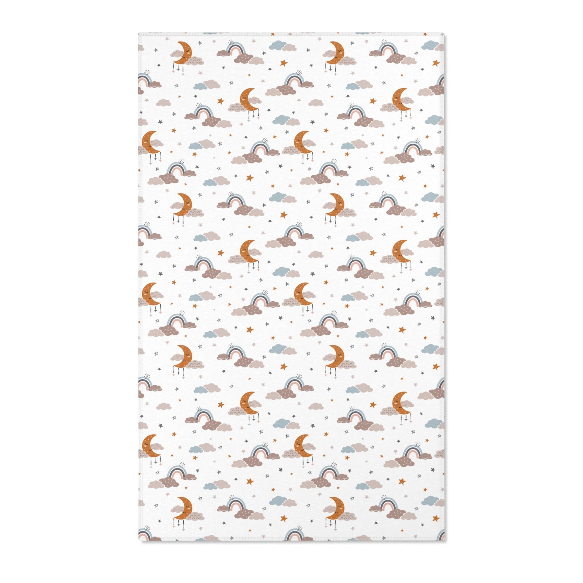 Moon and stars nursery area rug in ochre, grey and blue