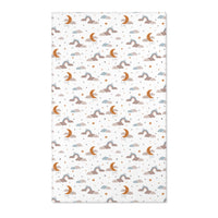 Moon and stars nursery area rug in ochre, grey and blue
