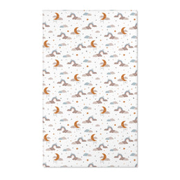 Moon and stars nursery area rug in ochre, grey and blue