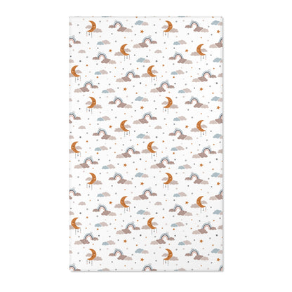 Moon and stars nursery area rug in ochre, grey and blue