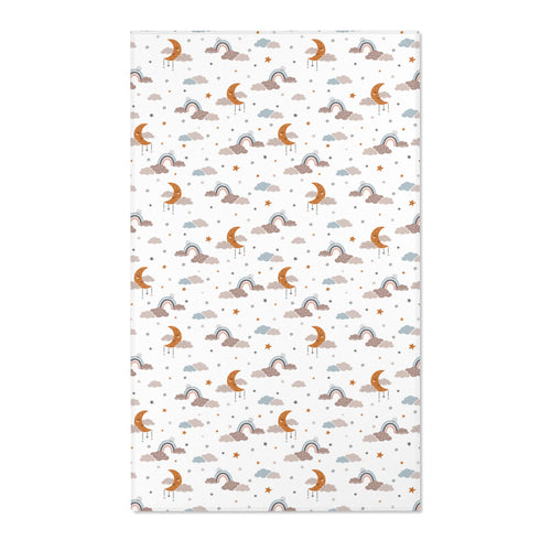 Moon and stars nursery area rug in ochre, grey and blue