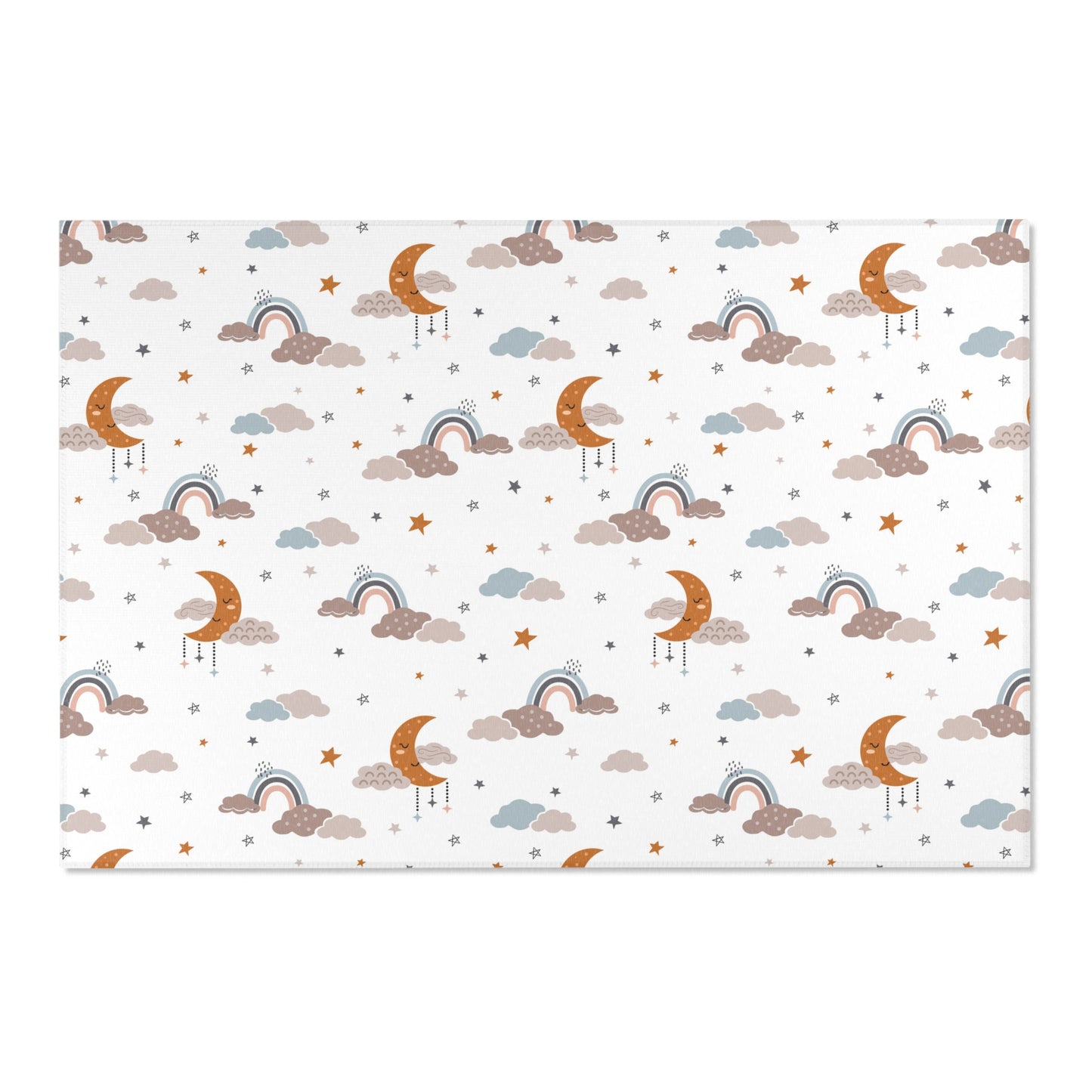 Low pile nursery rug with moons, clouds and stars on white