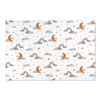 Low pile nursery rug with moons, clouds and stars on white