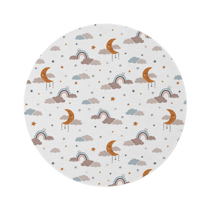 Moonlit Dreams round nursery rug on a baby room floor