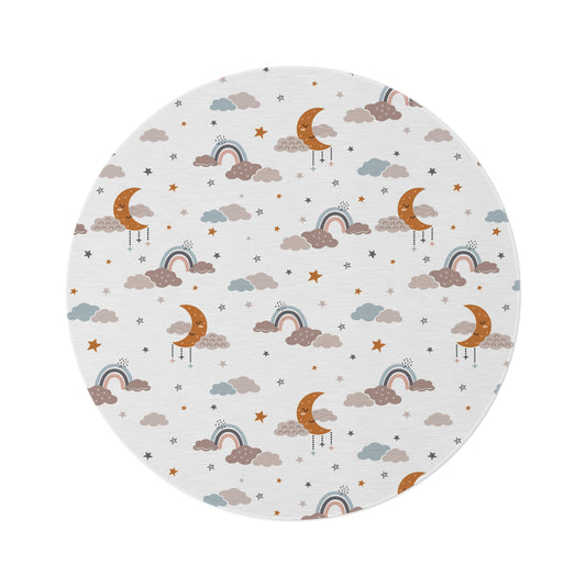 Moonlit Dreams round nursery rug on a baby room floor