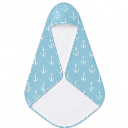 Nautical Anchors hooded baby towel wrapped around a baby