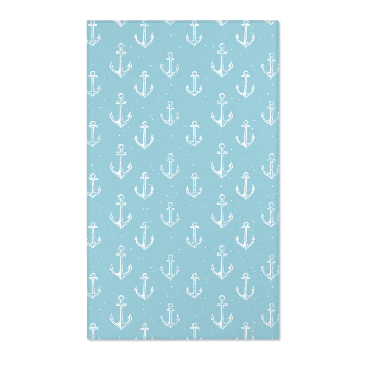 Rectangular teal anchor nursery rug shown from above