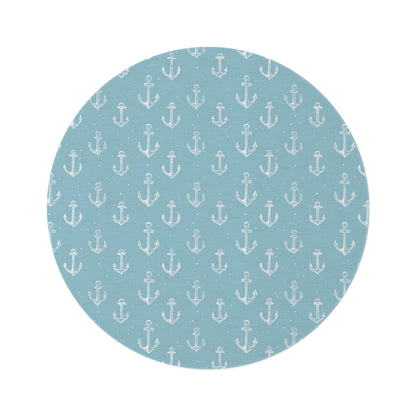 Nautical anchor round nursery rug on a baby room floor