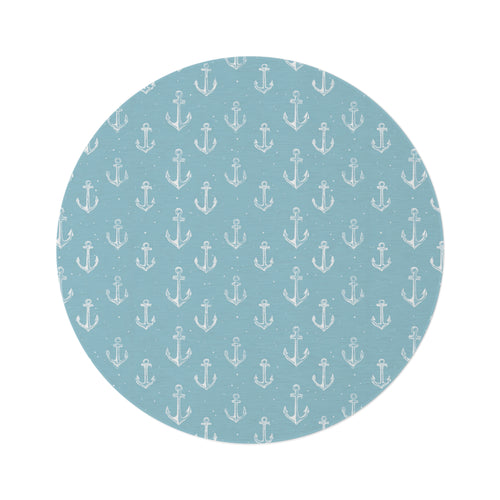 Nautical anchor round nursery rug on a baby room floor
